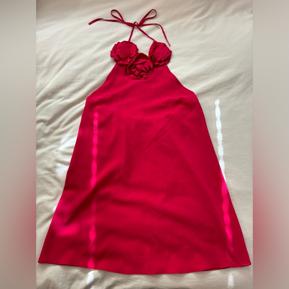 ALICE + OLIVIA Red Silk Halter Rose Mini Dress